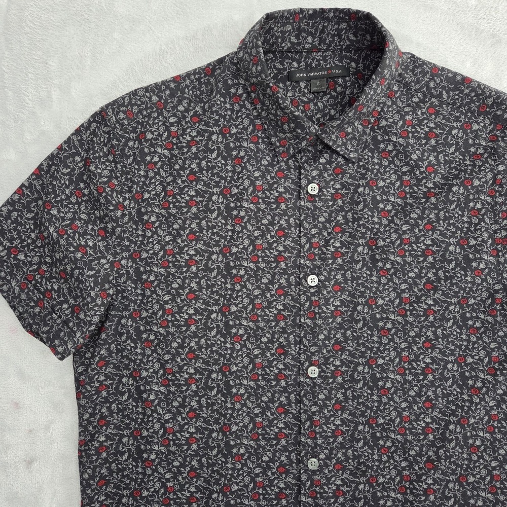 John Varvatos USA Mens S Black Floral Rose Print Short Sleeve Button Up W443V1B